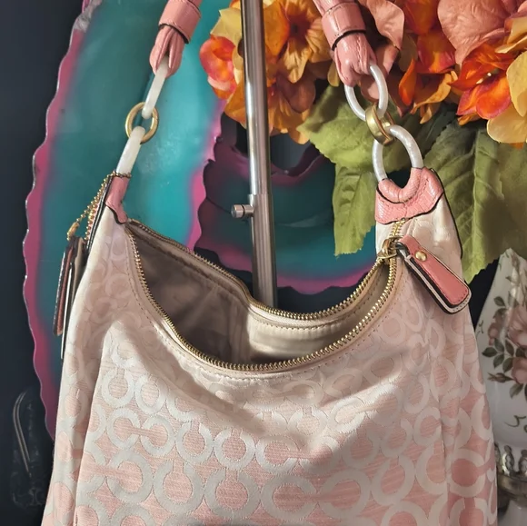 Coach Pink and Cream Signature Canvas Shoulder Bag